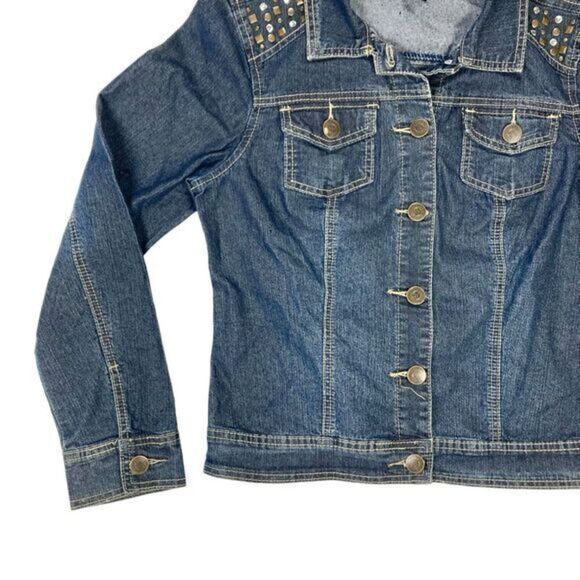 Baccini Denim Jacket Womens Size Medium Blue Dark Washed Embellished Button Up - Picture 3 of 16